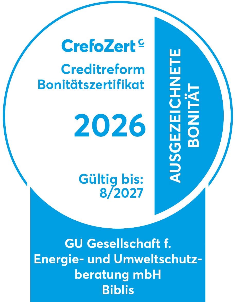 CrefoZert Creditreform certificate for GU Gesellschaft, valid until 8/2027, showing excellent creditworthiness.